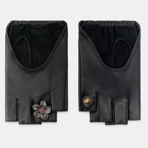 ZARA SHORT LEATHER GLOVES WITH BROOCHES SIZE M OR L - Picture 2 of 9